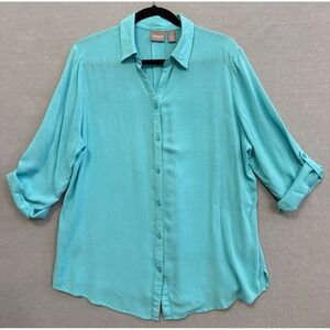 Chico's Womens Size 2 Blue Aqua Linen Button-Down Collared Roll Tab 3/4 Blouse